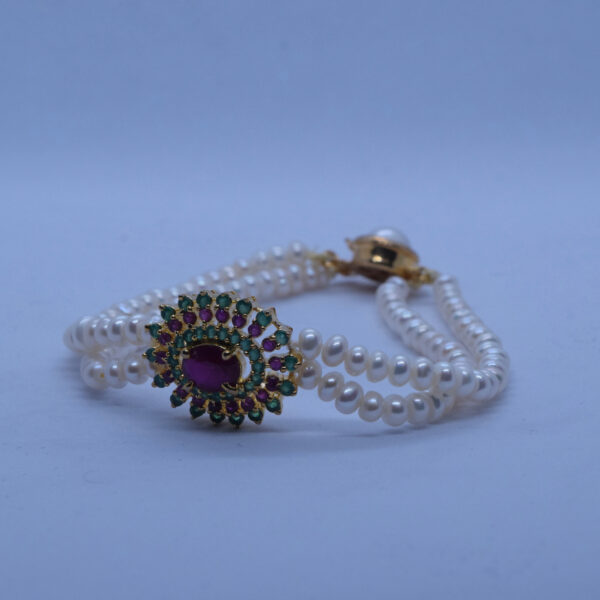 Mesmerising White Pearls Bracelet With SP Emeralds & Rubies Clasp -side