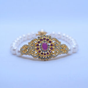 Ornate White Pearls Kada With Grand SP Ruby Clasp