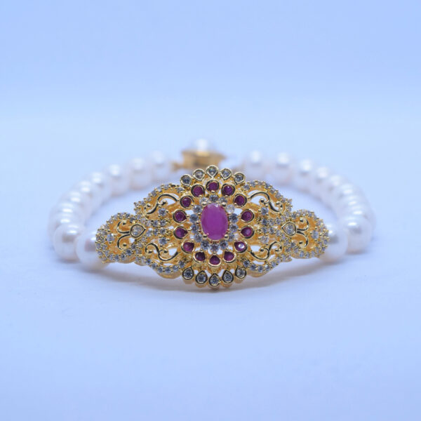 Ornate White Pearls Kada With Grand SP Ruby Clasp