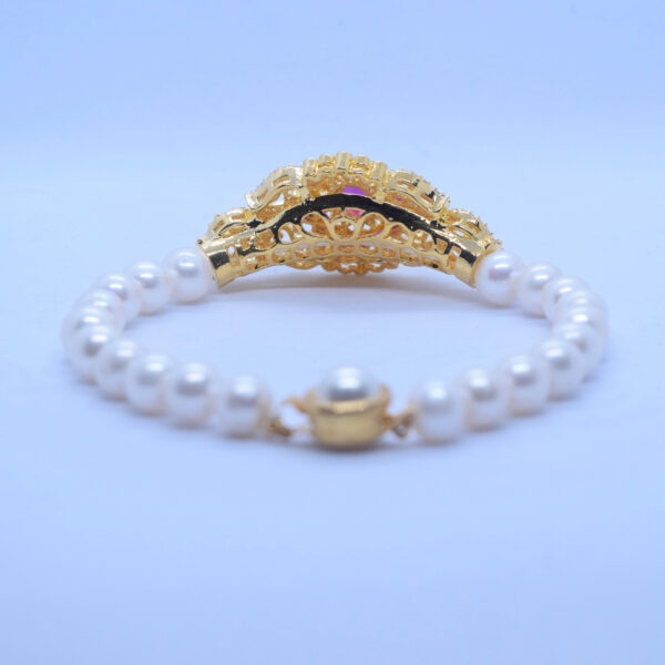 Ornate White Pearls Kada With Grand SP Ruby Clasp - back