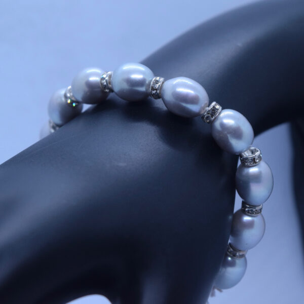 Sparkling Silvery Grey Oval Pearls Bracelet With CZ Spacers - front