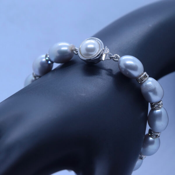 Sparkling Silvery Grey Oval Pearls Bracelet With CZ Spacers - back