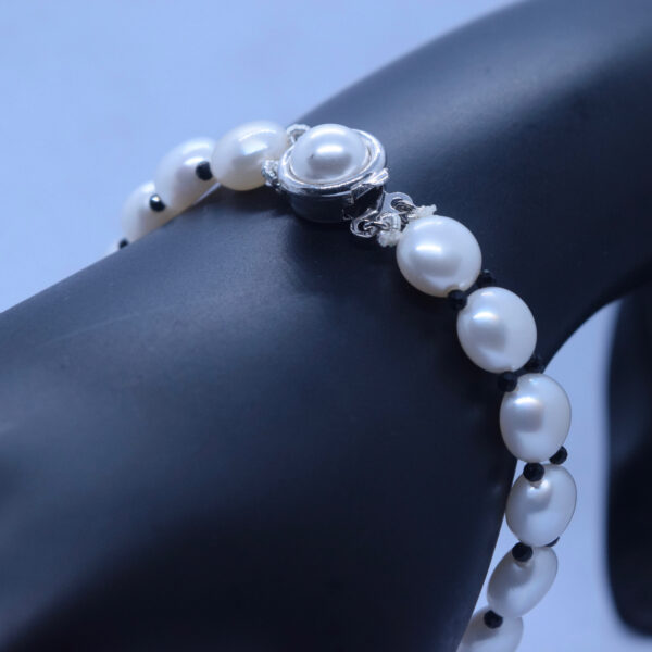 Classy White Button Pearls Bracelet With Black CZ Crystals-1