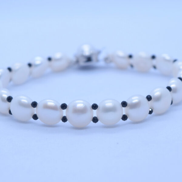 1Classy White Button Pearls Bracelet With Black CZ Crystals