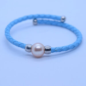 Bright Sky-Blue Faux-leather & Peach Pearl Bracelet