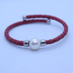 Rich Red Faux-leather & White Pearl Bracelet
