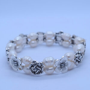 Two-Row White Pearls Bracelet With Floral Spacers