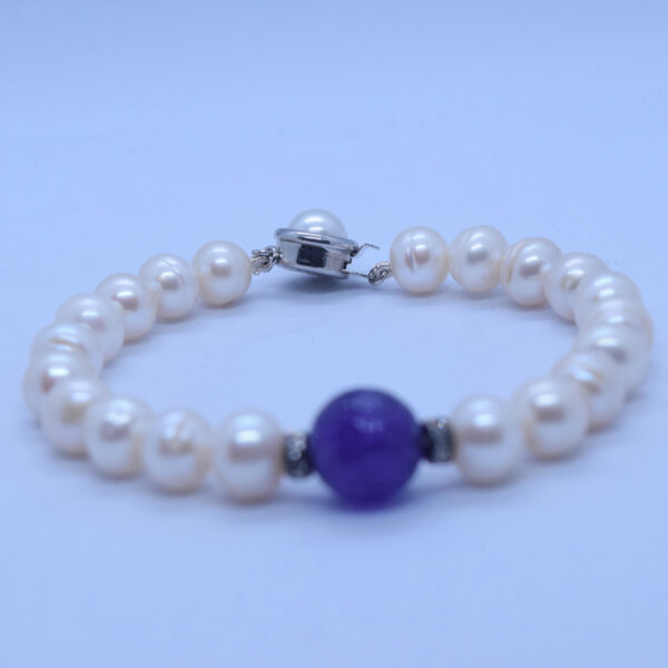 Vibrant White Round Pearls Bracelet With Purple Onyx Bead-back