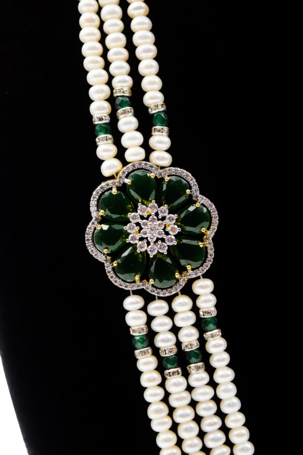 Luxurious Pearls Haar With CZ & SP Emeralds Floral Side Pendants-side