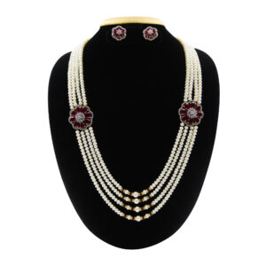 Magnificent Multilayer Pearls Haar With CZ & SP Rubies Side Pendants