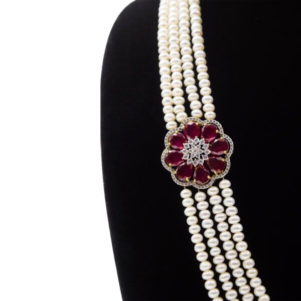 Magnificent Multilayer Pearls Haar With CZ & SP Rubies Side Pendants-1