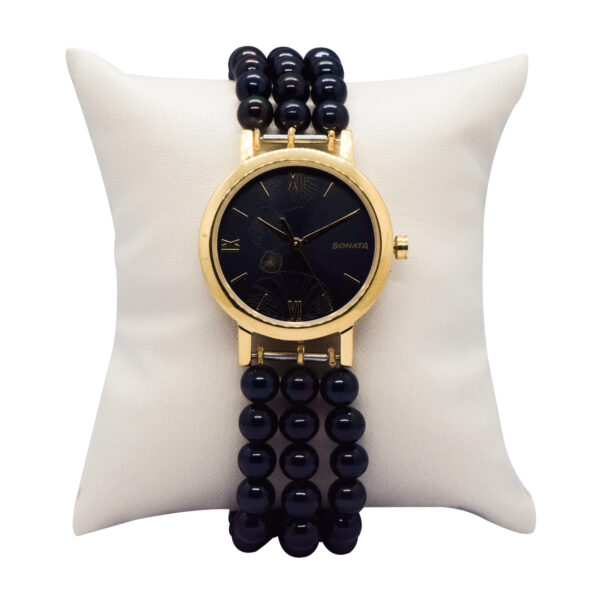 Bold Triple Line Black Pearls Watch With Round Sonata Dial