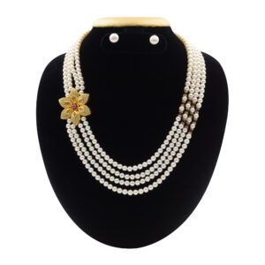 Well-designed side pendant pearl necklace in white pearls featuring a beautiful round pendant with semi-precious ruby