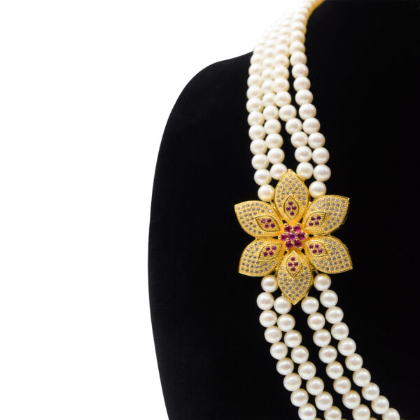 Fabulous 4 Rows Pearl Necklace With CZ Flower Pendant