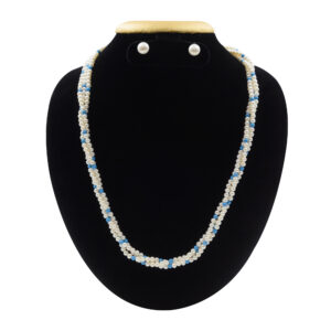 Elegantly crafted 3 strands of white round original pearls necklace that is 22 inches in length interspaces with round turquoise at regular intervals