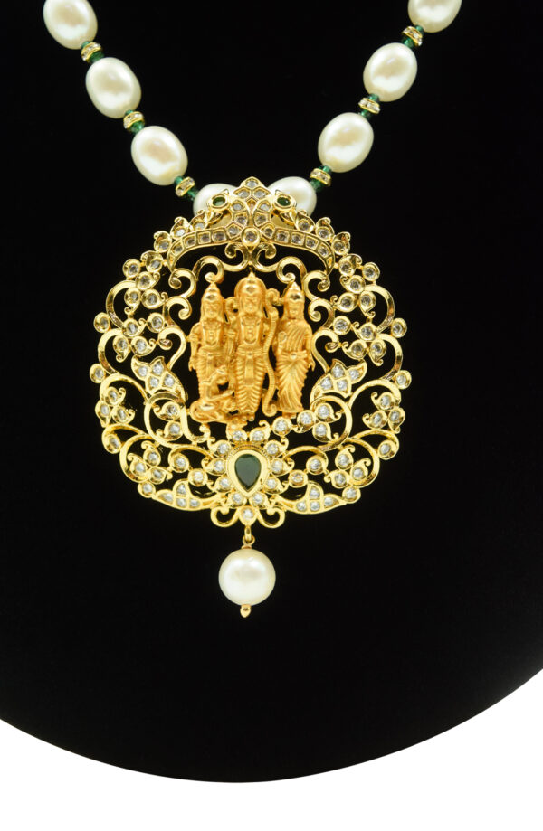 Glorious White Pearls Mala With Divine Ram Darbar Pendant-closeup