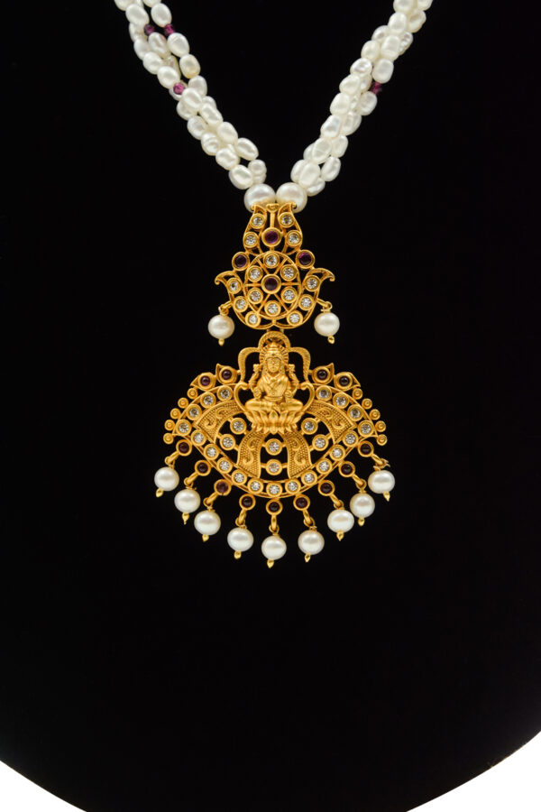 Beautiful White Rice Pearls Mala With Traditional Lakshmi Pendant-close up