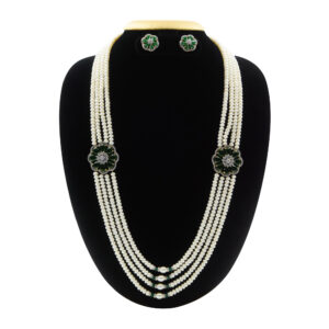Stunning Pearls Haar With CZ & SP Emeralds Side Pendants