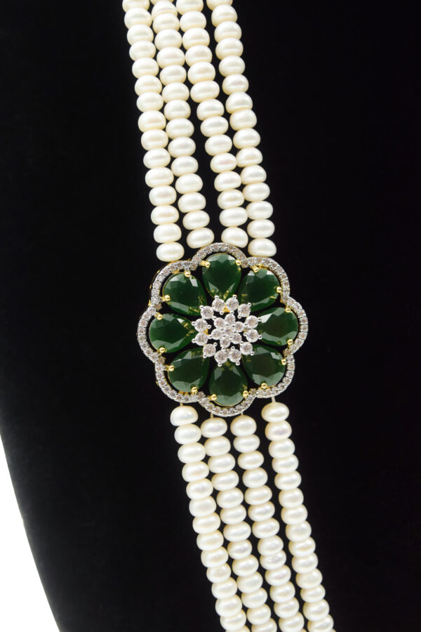 Stunning Pearls Haar With CZ & SP Emeralds Side Pendants -close up