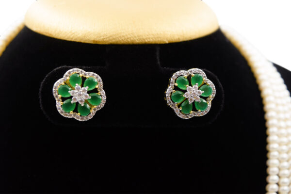 Stunning Pearls Haar With CZ & SP Emeralds Side Pendants -Earrings