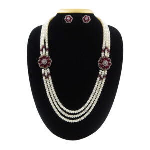 Magnificent Three Row Pearls Haar With CZ & SP Rubies Side Pendants