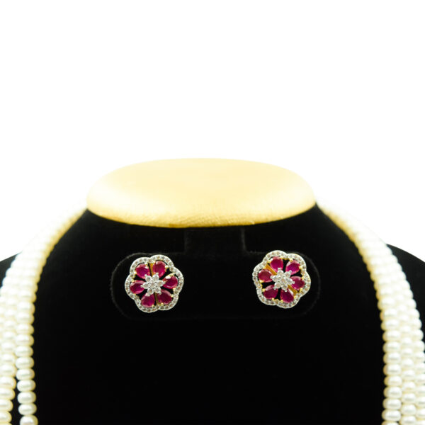 Magnificent Three Row Pearls Haar With CZ & SP Rubies Side Pendants-earrings