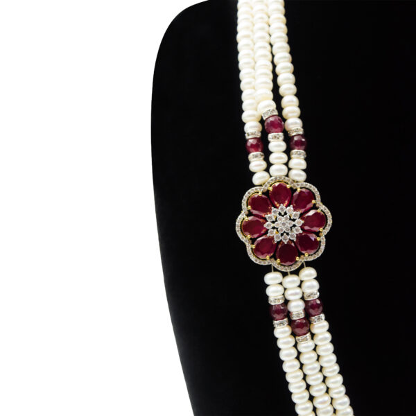 Magnificent Three Row Pearls Haar With CZ & SP Rubies Side Pendants-1