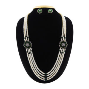 Luxurious Pearls Haar With CZ & SP Emeralds Floral Side Pendants