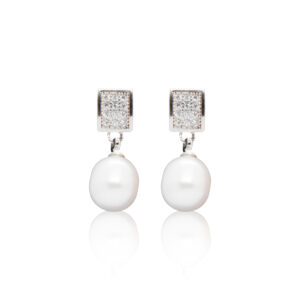 Chic Geometric CZ Studs With White Oval Pearl Drops
