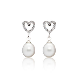 Cute Heart Shaped CZ Studs With White Oval Pearl Drops