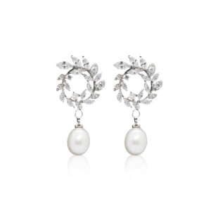 Ornate CZ Wreath Studs With White Oval Pearl Drops