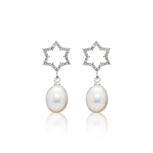 Starry CZ Studs With Oval White Pearl Drops