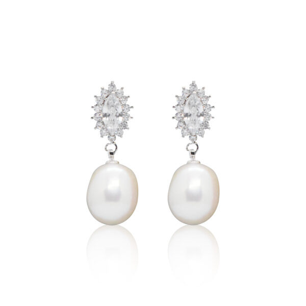Sparkly Oval White Pearl Drops With Marquise CZ Studs