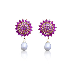 Alluring Floral SP Ruby Studs With 5mm White Oval Pearl Drops