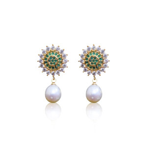 Exquisite CZ & SP Emerald Studs With White Oval Pearl Drops