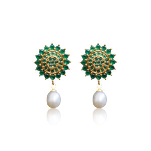 Flawless SP Emerald Studs With White Oval Pearl Drops