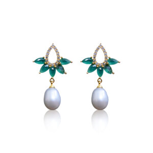 Graceful CZ & SP Emerald Studs With White Oval Pearl Drops