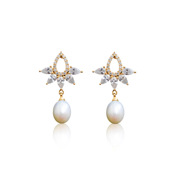 Attractive CZ Teardrop Studs With White Oval Pearl Drops