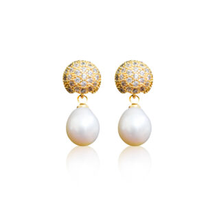 Subtle White Oval Pearl Drop Earring With CZ Cluster Stud
