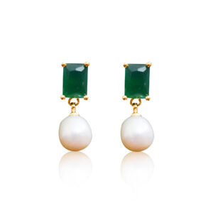 Elegant SP Emerald Studs With White Oval Pearl Drops