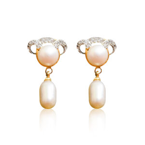 Scintillating CZ & Button Pearl Studs With White Oval Pearl Drops