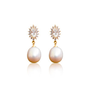 Sparkly White Oval Pearl Drop Earring With Marquise CZ Stud