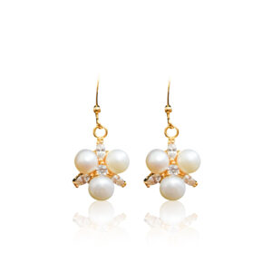 Dainty Floral White Button Pearl With CZ Hook Earrings