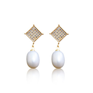 Sparkling White Oval Pearl Drops With Square CZ Studs