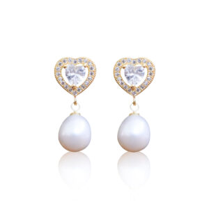 Heart Shaped CZ Studs With White Oval Pearl Drop