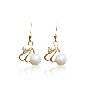 Elegant Wavy Hook Earrings With White Button Pearl & CZ