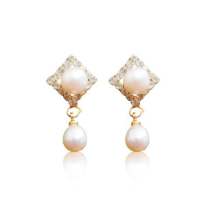 Square AD Studs With White Button Pearl & White Oval Pearl Drops