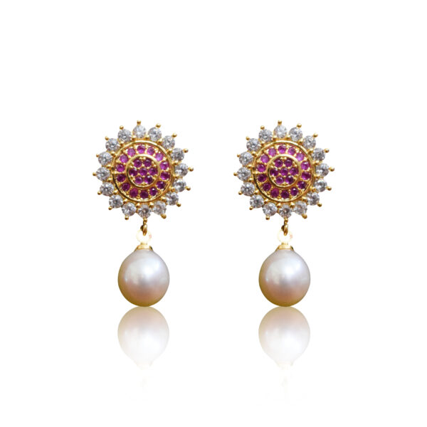Elegant Floral CZ & SP Ruby Studs With White Oval Pearl Drops