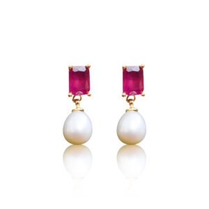 Graceful SP Ruby Studs With White Oval Pearl Drops