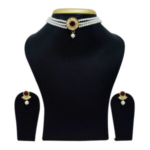 Splendid White Round Pearl Choker With CZ & SP Ruby Pendant